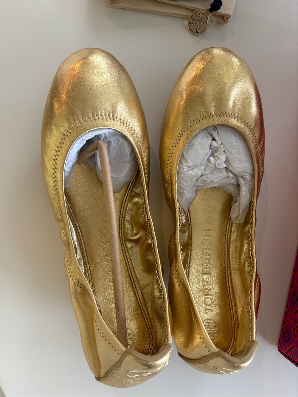 Tory Burch Gold Leather Round-Toe Ballet Flats - Picture 3 of 5